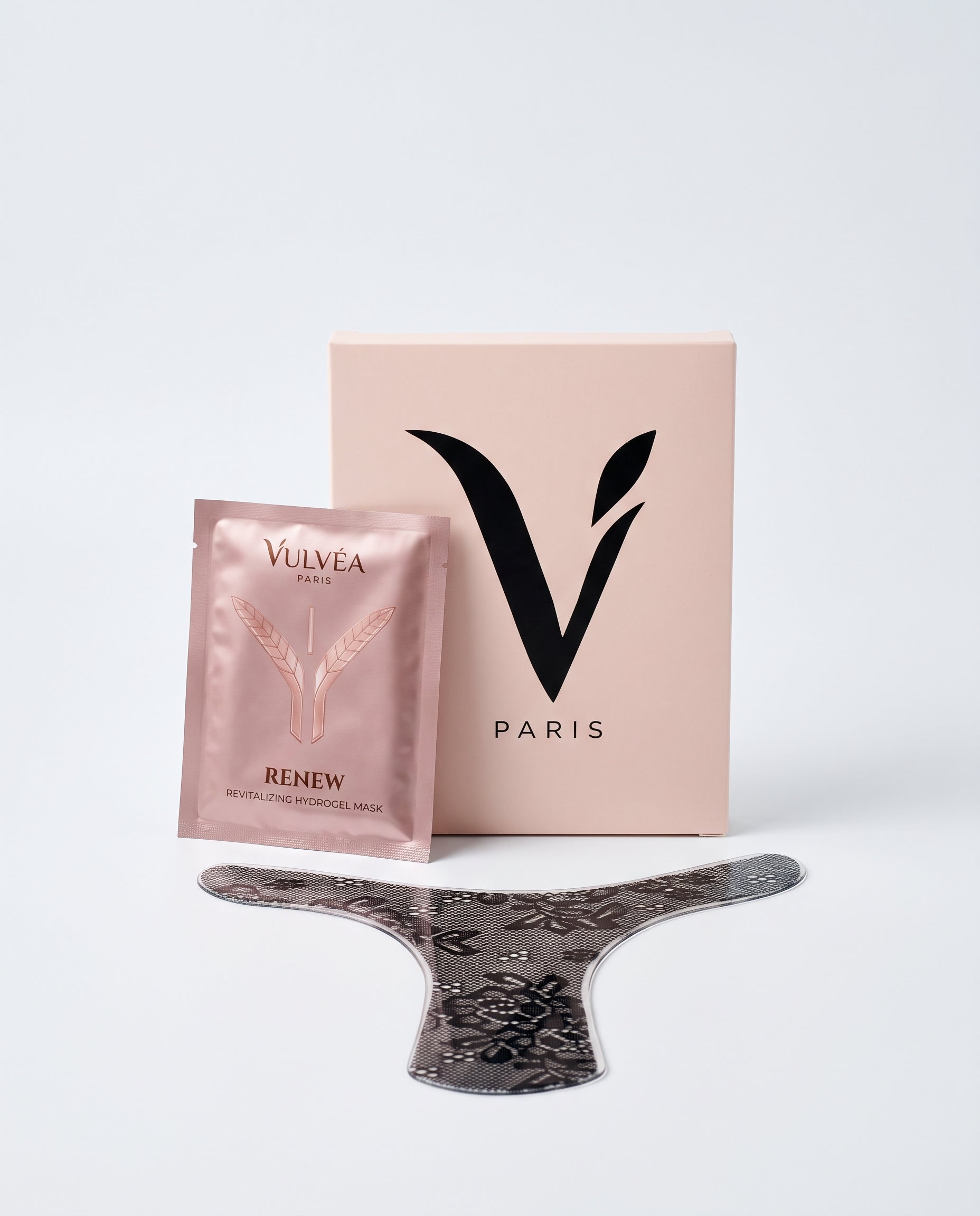 Vulvéa intimate care mask – box, RENEW sachet and black lace hydrogel mask