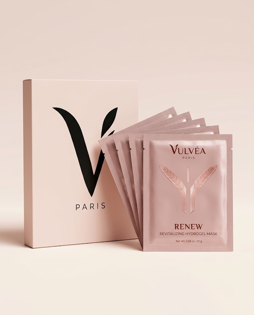 Vulvéa intimate care mask box with five RENEW hydrogel mask sachets